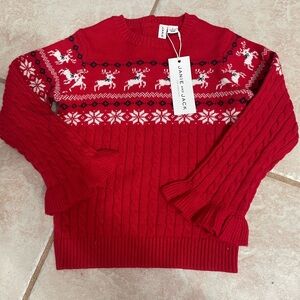 Janie and Jack Red Knit Sweater with Reindeer Pattern